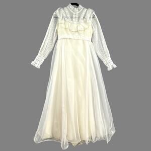 VTG Cottagecore Prairie Maxi Dress Lace Sheer Sleeve Cream Romantic 70s Bridal